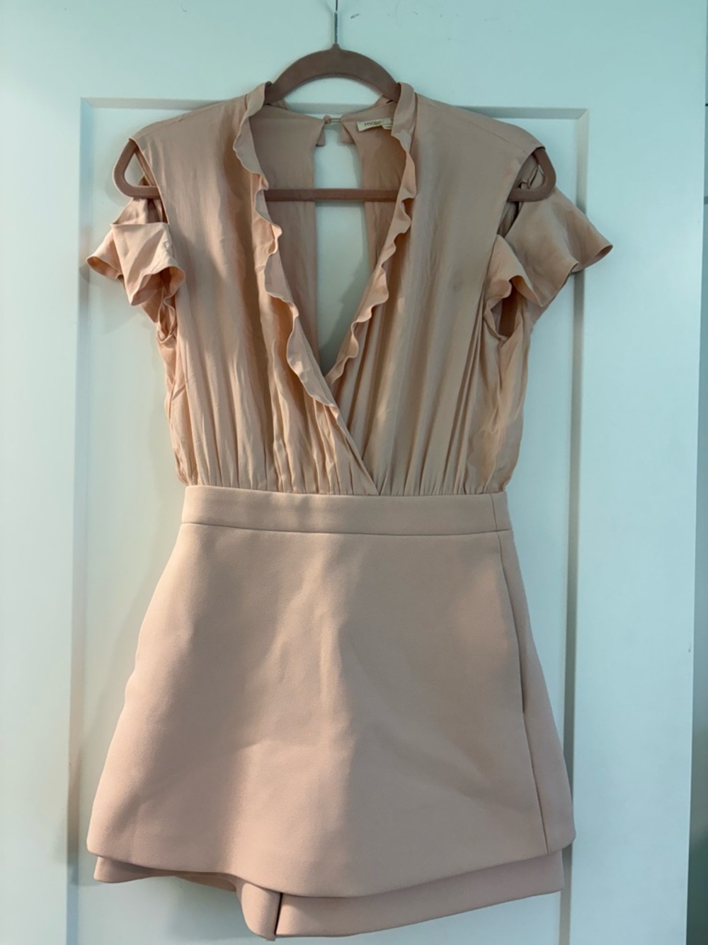Maje Blush Pink Ruffle V-Neck Mini Dress